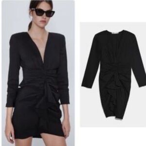 Zara Black Linen Blend Line Ruched Ruffle Front Deep V-Neck Dress Womens,S!NWT